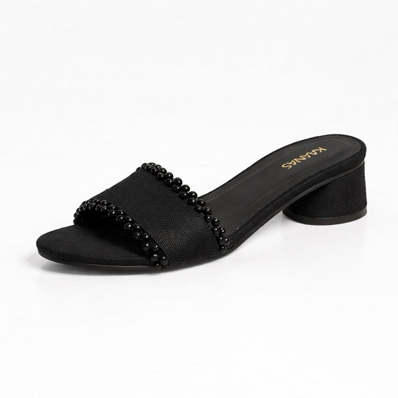 Kaanas Shoes - Kaanas Cairo Asymmetric Linen Heel in Black kitten heel beaded canvas sandal 8